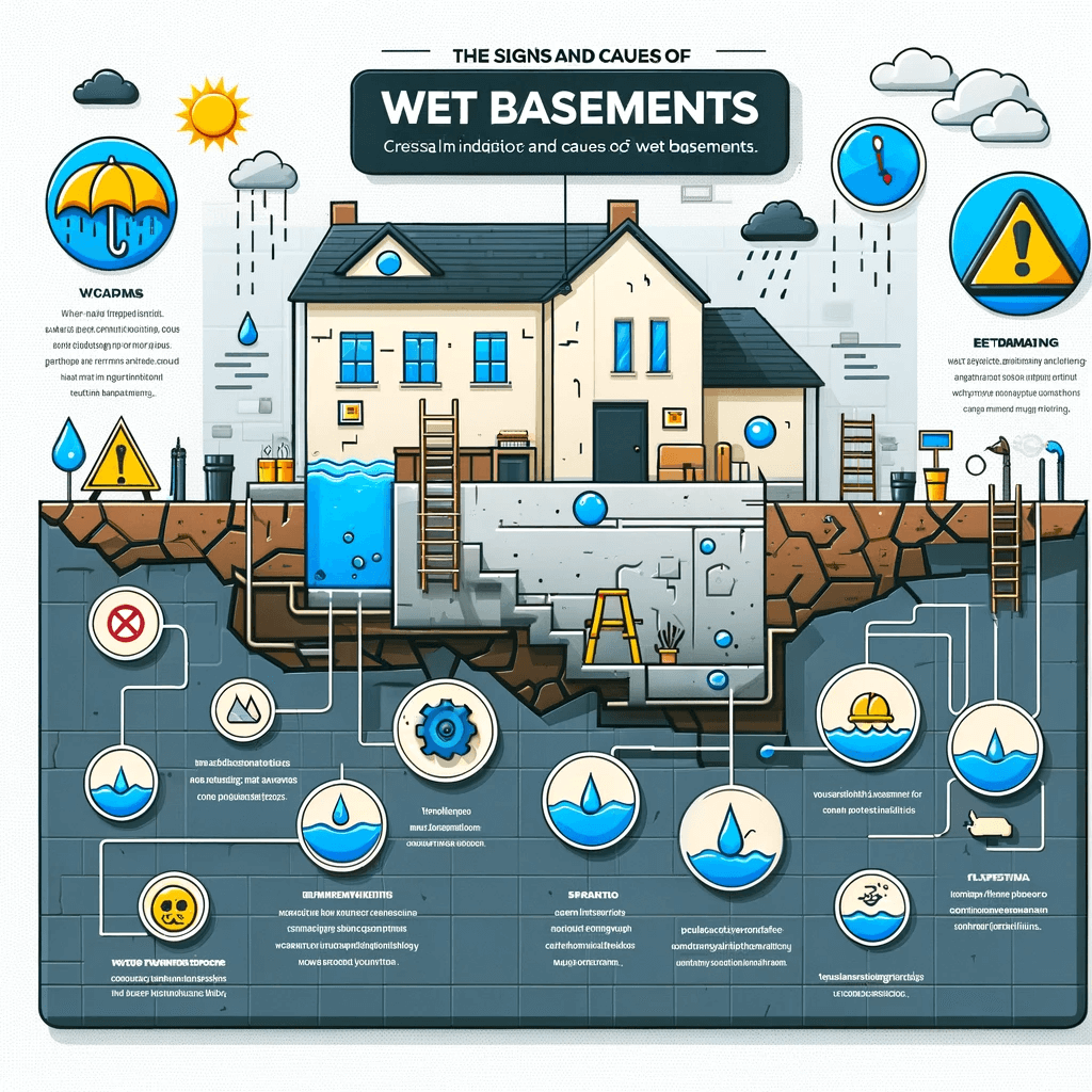 Informative infographic illustrating the signs and causes of wet basements, including wall cracks and water pooling