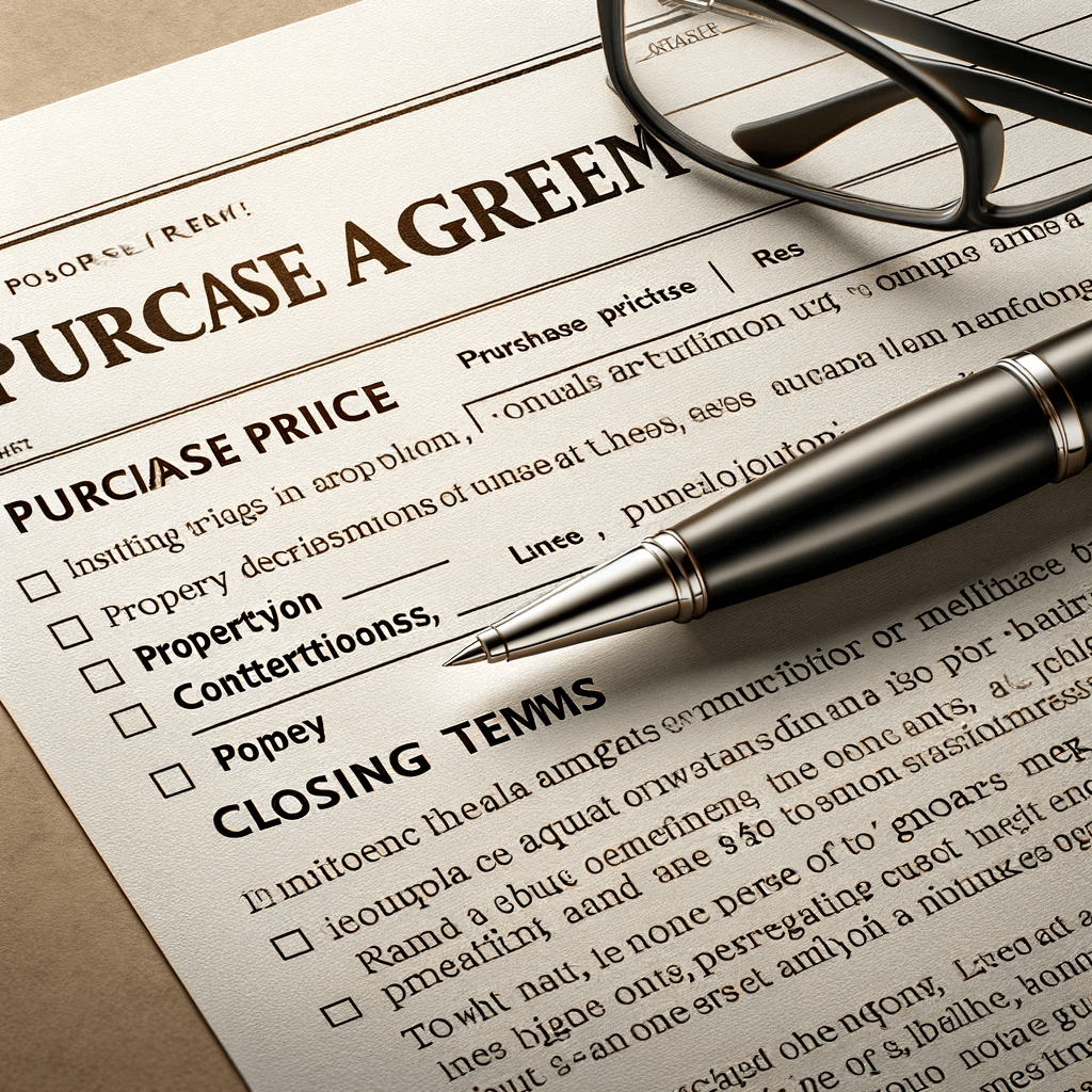 Close-up of a home purchase agreement with sections like 'Purchase Price' and 'Property Description' visible
