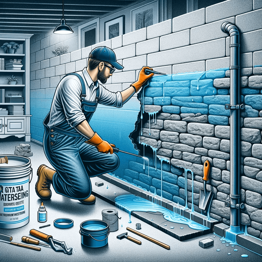 Masonry expert applying waterproofing techniques to a basement wall, with sealant and drainage system installation