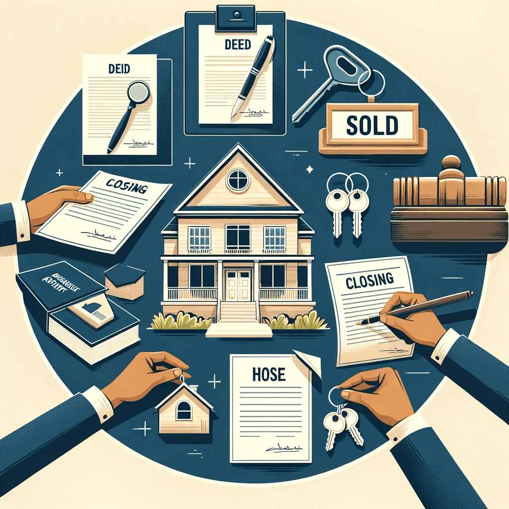 Key closing documents of a home purchase on a table, including the deed and final purchase agreement, with house keys