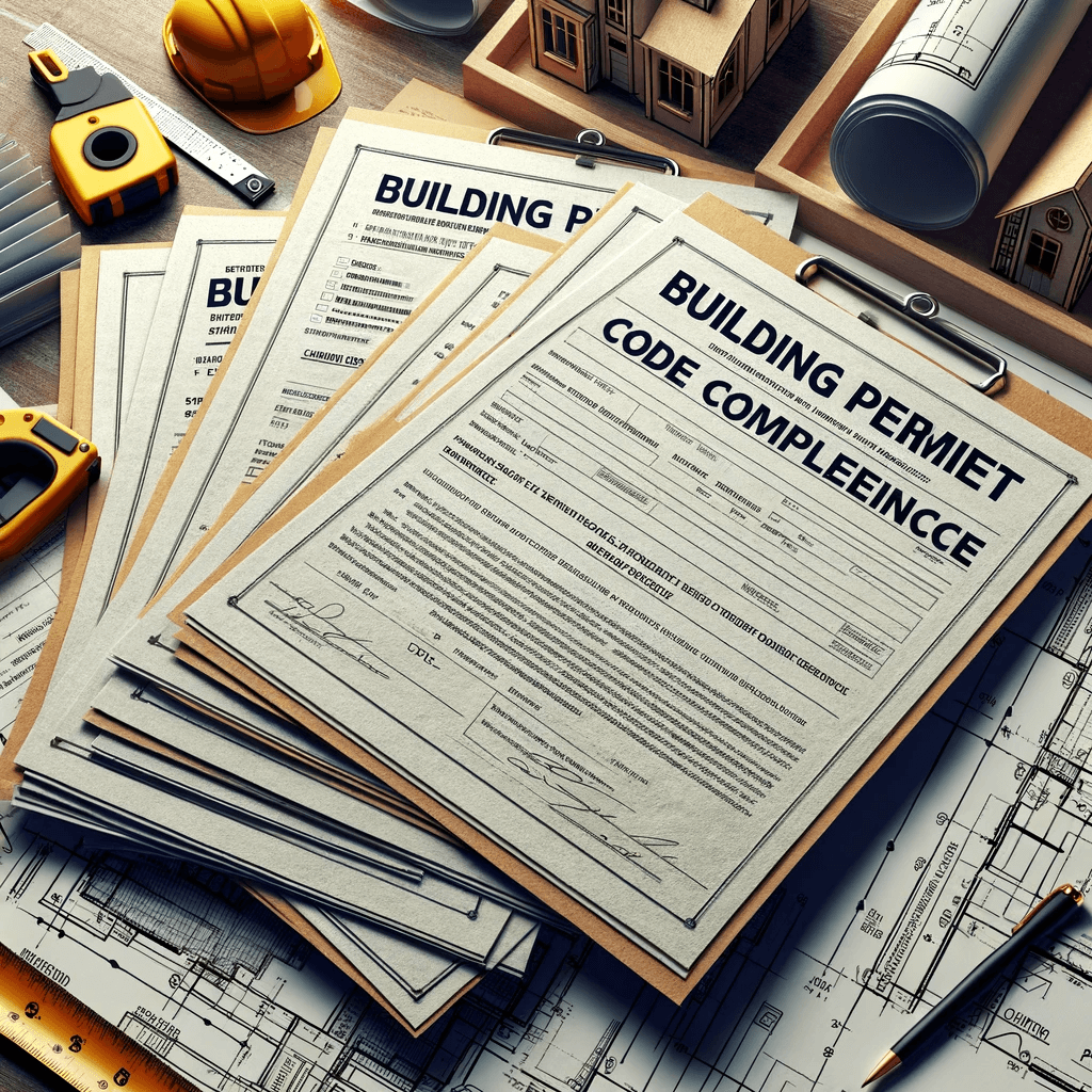 Building permits and code compliance documents spread out on a desk, with a ruler, hard hat, and blueprints in the background