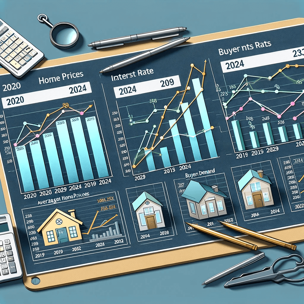 Comparison chart of the real estate market from 2020 to 2024, showing trends in home prices, interest rates, and buyer demand