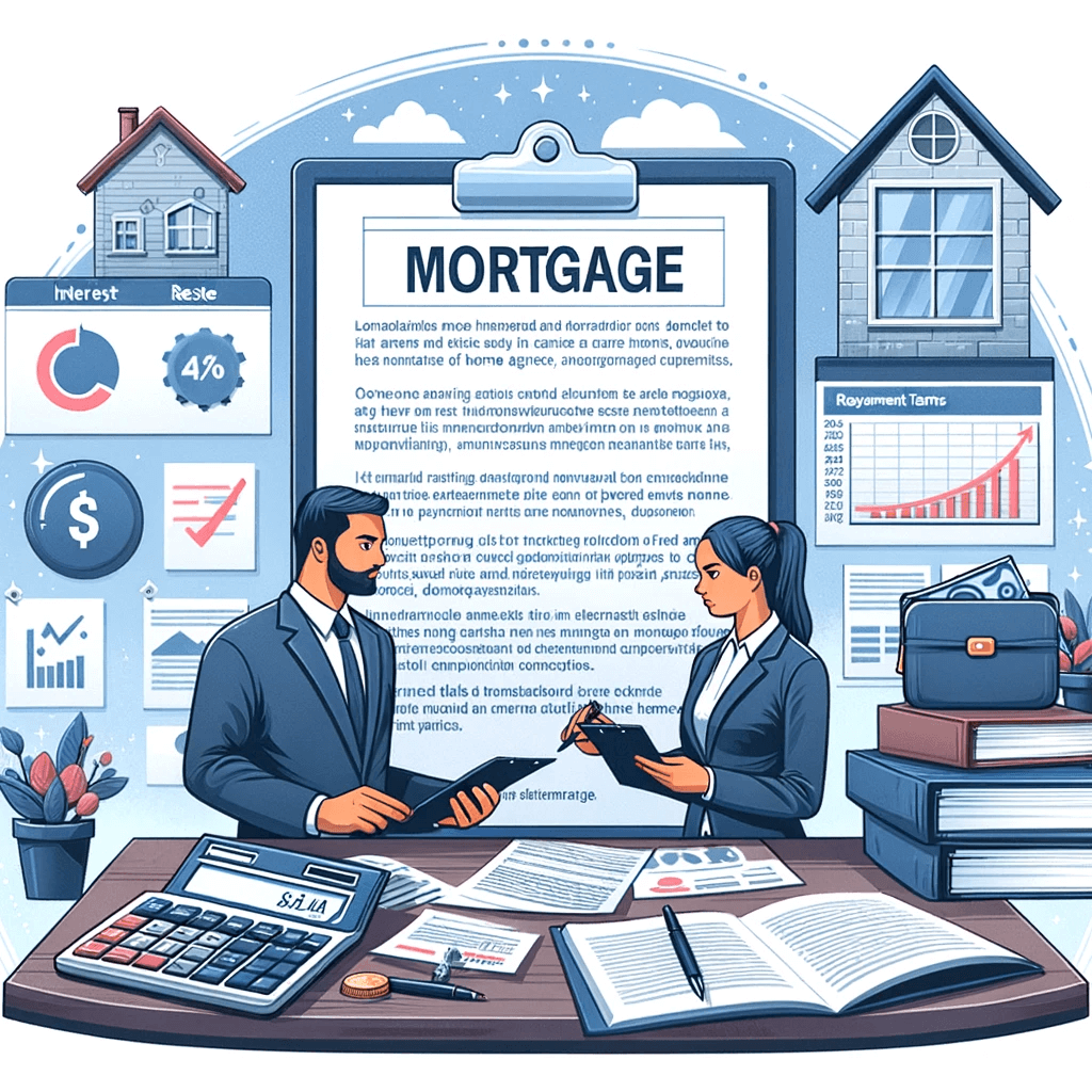 Homebuyer and financial advisor examining a mortgage agreement, with sections like 'Interest Rate' and 'Repayment Terms